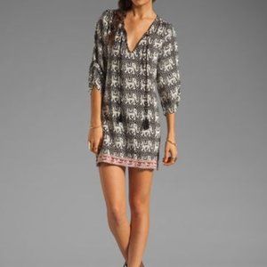 New S 100% Silk Caftan Mini Dress Tolani Anthropologie Animal Print Balloon Slee
